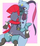 anthro big_breasts bodily_fluids breasts cowgirl_position cum cum_inside female from_front_position full_nelson genital_fluids group male male/female on_bottom on_top penetration sex trio zk_(artist) nintendo pokemon generation_4_pokemon generation_8_pokemon lucario pokemon_(species) sneasler weavile hi_res