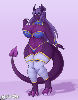 anthro armor big_breasts bikini_armor breasts clothing female horn huge_thighs navel non-mammal_breasts non-mammal_navel overweight overweight_anthro overweight_female purple_body simple_background small_waist smile solo swimwear tail thick_thighs two-piece_swimsuit unconvincing_armor wide_hips lykan284 mythology dragon mythological_creature mythological_scalie scalie digital_media_(artwork) full-length_portrait hi_res portrait