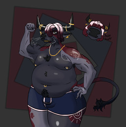anthro belly big_belly bulge clothing horn male moobs musclegut muscular overweight overweight_male piercing ring sniffing solo tattoo thick_thighs underwear nefarious.cum bovid bovine cattle mammal absurd_res character_request digital_media_(artwork) hi_res