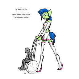 blue_hair bottomwear clothing crop_top duo eyeshadow female footwear fur green_body green_fur hair high_heels inner_ear_fluff larger_female makeup male nurse pushing_wheelchair shirt shoes simple_background sitting size_difference skirt smaller_male text topwear tuft vehicle walking wheelchair white_background white_bottomwear white_clothing white_skirt celera_prime anon cookie_(celera_prime) human mammal 1:1 english_text