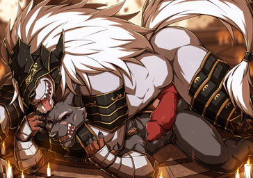animal_genitalia animal_penis anthro anthro_on_anthro armor biceps big_muscles big_penis black_armor canine_genitalia canine_penis claws clothed clothing dominant dominant_male duo erection finger_claws fur genitals grey_body grey_fur hair headgear helmet huge_penis imminent_rape imminent_sex knot larger_male lying male male/male muscular muscular_anthro muscular_male open_mouth penis size_difference smaller_male tongue drks elden_ring fromsoftware blaidd_(elden_ring) maliketh_(elden_ring) canid canine canis mammal wolf 2022 absurd_res hi_res