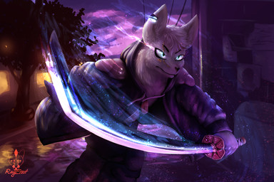 anthro clothing cyberpunk fur male melee_weapon solo sword weapon white_body ray_frost cd_projekt_red cyberpunk_2077 canid canine canis fox mammal 3:2 absurd_res digital_media_(artwork) hi_res