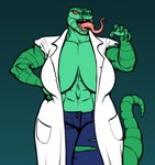 5_fingers anthro blue_bottomwear blue_clothing blue_pants bottomwear breasts clothing crossgender female fingers front_view green_body green_scales green_tail hand_on_hip non-mammal_breasts open_mouth pants pink_tongue pose red_eyes scales sharp_teeth solo tail teeth tongue tongue_out torn_clothing white_lab_coat kostos_art marvel spider-man_(series) the_lizard_(marvel) lizard reptile scalie hi_res