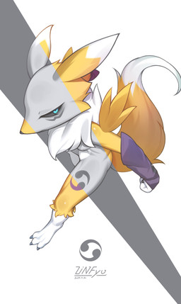3_toes anthro biped black_sclera blue_eyes claws feet female finger_claws fingers front_view fur looking_at_viewer nude nude_anthro nude_female simple_background solo standing tail toe_claws toes yellow_body yellow_fur yellow_tail zinfyu bandai_namco digimon canid digimon_(species) mammal renamon 2025 absurd_res digital_drawing_(artwork) digital_media_(artwork) hi_res