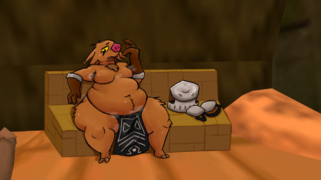 anthro armor armor_plates armpit_hair belly belly_tuft bench big_belly bodily_fluids body_hair bottomwear chest_hair clothing fanning fanning_self gloves handwear loincloth male moobs musk overweight overweight_anthro overweight_male solo sweat sweatdrop tuft yellow_eyes haremetal atlyss ammagon_(atlyss) boarus_(atlyss) mammal suid suine sus_(pig) wild_boar hi_res