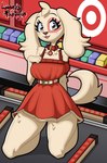 anthro arm_around_waist belt blush brown_body brown_fur checkout clothed clothing collar collar_tag conveyor_belt crossgender dress female fur fur_markings kneeling leg_tuft looking_at_viewer markings mascot open_mouth open_smile red_clothing red_dress red_markings smile solo store thigh_tuft tuft lunaris_parukia target_corporation spot_(jayrnski) canid canine canis domestic_dog mammal 2024 absurd_res digital_media_(artwork) hi_res