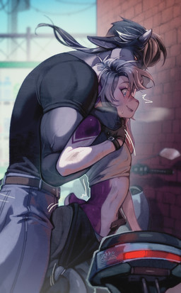 anthro bjorn_(gekko-seishin) blush bodily_fluids bottomwear bulge butt clothed clothing curvy_figure duo erection femboy fur grey_body hair horn hug larger_male makeup male male/male motorcycle muscular muscular_male nipple_outline public red_eyes simple_background size_difference smile surprised sweat sweatdrop tail vehicle vein veiny_arms white_body wide_hips gekko-seishin mythology velshe_(gekko-seishin) dragon mammal mythological_creature mythological_scalie scalie absurd_res digital_media_(artwork) hi_res shaded