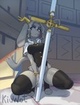 anthro antlers big_breasts big_ears black_clothing black_legwear black_thigh_highs black_topwear blue_eyes bottomless bracelet breasts clothed clothing crouching eyebrows eyelashes female floppy_ears fur grey_body grey_fur grey_hair hair holding_object holding_weapon horn jewelry legwear long_ears looking_at_viewer lop_ears solo thick_eyebrows thick_thighs thigh_highs topwear weapon wide_hips yellow_antlers yellow_horn kiu-wot pseudoregalia sybil_(pseudoregalia) bovid caprine goat hybrid jackalope lagomorph leporid mammal rabbit hi_res