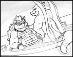 anthro black_border border duo fire flaming_tail hand_on_shoulder horn hot_tub male male/male membrane_(anatomy) membranous_wings nipples nude overweight partially_submerged slightly_chubby tail water wings thezestiestbone mario_bros mythology nintendo pokemon bowser charizard dragon generation_1_pokemon koopa mythological_creature mythological_scalie pokemon_(species) scalie crossover monochrome story story_in_description