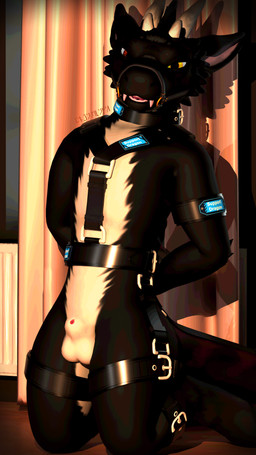 animal_genitalia anthro avali_scratch_(text) bdsm black_body black_fur bondage bound brown_eyes collar fangs fully_sheathed fur genitals grey_body grey_fur grey_markings grin grinning_at_viewer hands_behind_back hands_tied hands_tied_behind_back harness heterochromia horn kneeling leather leather_harness legs_tied looking_at_viewer male markings muzzle_(object) muzzled red_body red_fur red_markings sheath smile smiling_at_viewer solo teeth white_body white_fur white_horn yellow_eyes jyrahvali mythology zuikir_(jyrahvali) dragon furred_dragon furred_scalie moonfang mythological_creature mythological_scalie scalie 3d_(artwork) 9:16 digital_media_(artwork) hi_res