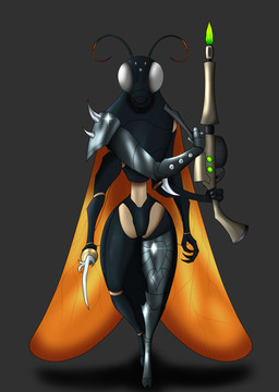 2_toes 3_fingers 4_arms 5_eyes antennae_(anatomy) anthro armor arthropod_abdomen blaster blind blue_body clothing confident_stance couter crystal cuisse disability feet female fingers gauntlets glistening glistening_armor gloves greaves gun handwear holding_object holding_weapon horror_(theme) insect_wings lore mandibles melee_weapon multi_arm multi_eye multi_limb orange_body orange_wings pauldron poleyn ranged_weapon red_body rerebrace rifle sabatons sabre_(weapon) segmented_body silver_(metal) silver_armor solo spiked_armor spikes sword tan_body toes two_handed_weapon vambrace weapon white_eyes wings davespaceman eververse vespenti_zugari_(davespaceman) alien arthropod hymenopteran insect vespenti wasp absurd_res hi_res