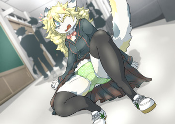 accident angry anthro blonde_hair blush clothed clothing drill_curls female fur hair looking_at_viewer menstrual_pad multicolored_body multicolored_fur open_mouth school school_girls school_uniform underwear uniform mttbsmn rittine_(mttbsmn) felid feline mammal absurd_res digital_media_(artwork) hi_res