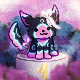 ambiguous_gender black_body black_fur blurred_background chibi cloud feral fluffy fluffy_tail fur glowing glowing_body glowing_fur markings multicolored_body multicolored_fur pedestal pink_background pink_body pink_fur pink_ribbon pink_sky plant pointy_ears purple_background ribbons_(anatomy) ring_(marking) shrub simple_background sky smile solo tail pamiette nintendo pokemon akuny_(oc) fan_character eeveelution generation_2_pokemon generation_6_pokemon hybrid pokemon_(species) shiny_pokemon sylveon umbreon 1:1 digital_media_(artwork) low_res pastel_theme signature male_(lore)