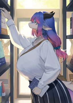 anthro backpack big_breasts blue_eyes book bookshelf bottomwear breasts clothing curvy_figure detailed_background ears_down female furniture hair horn huge_breasts long_skirt non-mammal_breasts pivoted_ears purple_body purple_hair shirt side_view skirt solo topwear white_clothing white_shirt white_topwear lcshian mythology lanya_(lcshian) dragon mythological_creature mythological_scalie scalie wingless_dragon hi_res