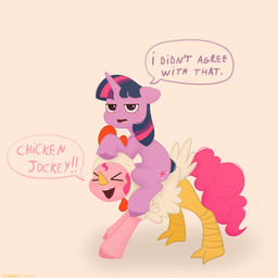 chicken_costume clothed clothing costume cutie_mark dialogue duo female female/female fur horn looking_at_viewer open_mouth pink_body pink_fur purple_body purple_eyes purple_fur simple_background smile speech_bubble tail teeth text tongue unicorn_horn starburst_uwu friendship_is_magic hasbro my_little_pony mythology pinkie_pie_(mlp) twilight_sparkle_(mlp) earth_pony equid equine horse mammal mythological_creature mythological_equine pony unicorn 1:1 english_text hi_res meme