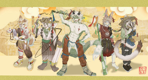 2_horns anthro brown_body brown_fur floppy_ears fur green_body green_eyes green_fur group holding_melee_weapon holding_object holding_sword holding_weapon horn male melee_weapon muscular muscular_anthro muscular_male slim_anthro slim_male standing sword weapon white_body white_fur asenjian mythology canid canine canis domestic_cat domestic_dog domestic_ferret dragon eastern_dragon felid feline felis lagomorph leporid mammal mustelid musteline mythological_creature mythological_scalie rabbit scalie true_musteline weasel 2024 hi_res