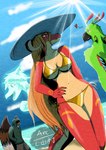 anthro beach big_breasts bikini bikini_bottom bikini_top blonde_hair breasts brown_body clothed clothing confident confident_female female gold_bikini golden_clothes golden_clothing green_body hair hat headgear headwear horn long_hair lugan_hirai male red_body ron_(arcrose) sea sun swimwear two-piece_swimsuit water arc_rose mythology lilith_(arcrose) razi_(arc_rose) avian bird dragon falcon falconid mythological_creature mythological_scalie parrot scalie spirit hi_res