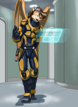 anthro armor back_wings black_boots black_clothing black_footwear black_gloves black_handwear boots clothing duo eyewear eyewear_on_head footwear gloves goggles goggles_on_head handwear hologram holstered_gun male shoes space_armor spacecraft spaceship_interior talking_to_another vehicle wings yellow_armor toughset casandro toughset_(character) armadillo felid lion mammal pantherine xenarthran hi_res