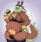 anthro belly bodily_fluids brown_body brown_fur bulge clothed clothing costume dessert doughnut fluffy food fur green_body green_fur hand_on_hip legwear looking_at_viewer male moobs navel overweight overweight_anthro overweight_male pastry skimpy solo stockings sweat thick_thighs hicanyoumooforme cervine deer hybrid mammal hi_res