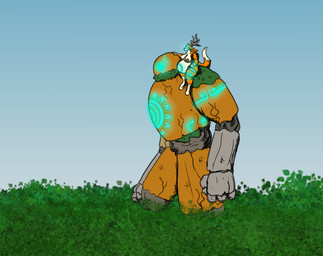 ambiguous_gender anthro belly big_belly breasts construct duo female forest glowing glowing_markings horn huge_belly macro markings moss nipples plant pregnant pregnant_anthro pregnant_female tattoo tree warpaint vwpologt jewish_mythology mythology canid canine fox mammal mythological_creature mythological_golem