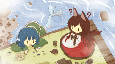 blue_hair brooch brown_hair clothed clothing container cup dress duo ear_fins female fin hair jewelry partially_submerged question_mark split_form teapot water akihiyo game_boy_advance game_boy_family nintendo touhou kagerou_imaizumi wakasagihime animal_humanoid canid canid_humanoid canine canine_humanoid humanoid mammal mammal_humanoid marine merfolk wolf_humanoid 16:9 hi_res widescreen