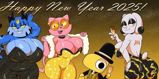 2_horns 3_eyes 4_fingers anthro big_breasts big_butt biped black_body black_clothing black_dress black_ear_piercing black_eyeshadow black_fur black_fur_markings black_hat black_headwear black_horn black_nose blue_body blue_fur breasts butt champagne_glass cheek_tuft chubby_cheeks cleavage closed_smile clothed clothed_anthro clothed_female clothing container cup curvy_figure dress drinking_glass eyelashes eyeshadow eyewear facial_tuft fangs female fingers floppy_ears fur fur_markings fur_tuft furgonomic_dress furgonomics glass glass_container glass_cup glasses glistening glistening_breasts group hand_on_hip hand_on_own_hip hat headgear headwear holding_glass holding_object holidays horizontal_pupils horn looking_at_viewer looking_back looking_back_at_viewer makeup male markings mouth_closed multi_eye narrowed_eyes necktie open_mouth open_smile overweight overweight_anthro overweight_female pink_body pink_fur pupils ring scut_tail sharp_teeth short_tail slit_pupils smile standing tail teeth tinted_glasses topwear tuft vest voluptuous_anthro voluptuous_female wearing_glasses white_body white_fur white_necktie wide_hipped_anthro wide_hipped_female wide_hips yellow_body yellow_clothing yellow_dress yellow_eyes yellow_fur yellow_sclera yellow_topwear yellow_vest someth1ngoranother new_year new_year_2025 anotha_(someth1ngoranother) azura_(someth1ngoranother) noth1ng_(someth1ngoranother) someth1ng_(someth1ngoranother) bovid caprine demon domestic_cat felid feline felis goat mammal digital_drawing_(artwork) digital_media_(artwork) hi_res shaded