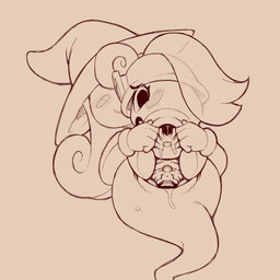 blush blush_lines blush_stickers bodily_fluids clitoral clothing duo female genital_fluids genitals hair hat headgear headwear long_hair looking_at_viewer looking_back low-angle_view ponytail spread_vulva spreading vaginal_fluids vulva witch_hat cold-blooded-twilight mario_bros nintendo ghost goomba spirit 1:1 2024 hi_res monochrome