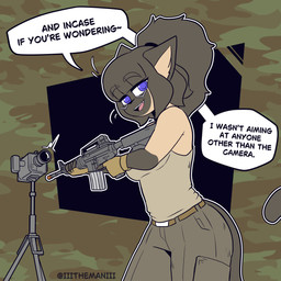 abstract_background airsoft_gun anthro black_nose bottomwear breasts brown_body brown_fur camera clothing female fingerless_gloves footwear fur gloves hair handwear holding_object military multicolored_body pants ponytail purple_eyes shirt talking_to_viewer tan_body tan_fur tank_top text topwear tripod the_man sia_(the_man) felid feline mammal 1:1 2026 absurd_res english_text hi_res