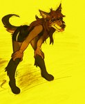 ambiguous_gender anthro bent_over brown_hair facial_piercing female fluffy hair hands_on_knees hands_on_legs lidded_eyes nose_piercing nose_ring piercing ring_piercing simple_background solo tongue tongue_out yellow_background mjsty mano_(mjsty) canid canine canis mammal wolf 2022 hi_res