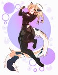 absurd_res anthro braided_hair cyber_(disambiguation) domestic_cat felid feline felis female fur green_eyes hair happy hi_res jumping mammal maple_(fenrirprotogen) multicolored_body multicolored_fur solo tokkot waist_accessory