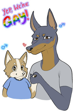 anthro black_body black_fur brown_body brown_eyes brown_fur duo fur hand_holding happy heart_symbol larger_male lgbt_pride love male male/male rainbow romantic size_difference slightly_chubby smaller_male smile alekoin cory_(alekoi) dobie_(alekoi) canid canine canis dobermann domestic_dog herding_dog mammal pastoral_dog pinscher welsh_corgi hi_res