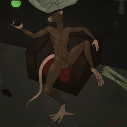 ambiguous_gender animal_genitalia anthro balls brown_body brown_fur chair feral fully_sheathed fur furniture genitals group holding_character looking_at_another male nude pubes rat_tail red_eyes scroll sheath sitting tail lewdbones warhammer_(franchise) warhammer_fantasy mammal murid murine rat rodent skaven 1:1 2019 hi_res signature