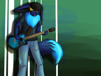 anthro black_nose blonde_hair blue_eyes clothing electric_guitar guitar hair hat headgear headwear male musical_instrument playing_guitar playing_music plucked_string_instrument pokemorph solo string_instrument tail thezules nintendo pokemon canid canine eevee generation_1_pokemon mammal pokemon_(species) 4:3 hi_res