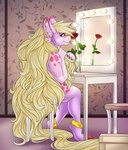 anthro blonde_hair brush brushing brushing_hair female flower fur hair inside long_hair nude personal_grooming pink_body pink_fur plant red_eyes rose_(flower) sitting solo styling_hair tiggybloom mythology dragon furred_dragon furred_scalie mythological_creature mythological_scalie scalie 2018 hi_res