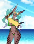 anthro beach big_ears bikini bracelet breasts brown_body brown_fur choker clothing crop_top dipstick_ears ear_markings ear_tuft eyebrows eyelashes eyewear eyewear_on_head female fur gloves_(marking) green_bikini green_clothing green_swimwear hair inner_ear_fluff jewelry long_pigtails looking_at_viewer markings multicolored_ears necklace one_eye_closed open_mouth outside pigtails shirt side-tie_bikini solo spots spotted_body spotted_fur string_bikini sunglasses sunglasses_on_head swimwear teal_hair topwear tuft twintails_(hairstyle) two-piece_swimsuit wink yellow_eyes yellow_sclera scorpdk brazilian_miku vocaloid hatsune_miku mara_(scorpdk) felid feline lynx mammal 2024 absurd_res hi_res