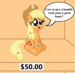 2014 applejack_(mlp) blonde_hair clothing cowboy_hat digital_media_(artwork) earth_pony equid equine female feral for_sale friendship_is_magic green_eyes hair hasbro hat headgear headwear horse mammal my_little_pony orange_body pony price_tag sitting smile solo tail toy vincentthecrow yellow_tail