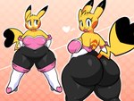 anthro anthrofied big_butt blep bodily_fluids butt cosplay crossover_cosplay female hands_on_hips heart_symbol huge_butt looking_back overweight overweight_female pattern_background pink_background pokemorph raised_tail simple_background solo sweat tail thick_thighs tongue tongue_out wide_hips wide_stance blackmore nintendo pokemon sega sonic_the_hedgehog_(series) cosplay_pikachu_(character) rouge_the_bat generation_1_pokemon pikachu pokemon_(species) absurd_res crossover hi_res