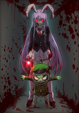 accessory anthro beret biped black_clothing black_jacket black_topwear blood blood_on_clothing blood_on_face bodily_fluids bottomwear clothing dog_tags duo evil_grin female female_humanoid glowing glowing_eyes green_body hair hat headgear headwear jacket larger_female larger_humanoid male male_anthro necktie open_mouth open_smile purple_hair red_eyes red_necktie shirt size_difference skirt smaller_anthro smaller_male smile topwear white_bottomwear white_clothing white_shirt white_skirt white_topwear yellow_eyes himuhino happy_tree_friends touhou flippy_(htf) reisen_udongein_inaba animal_humanoid bear humanoid lagomorph lagomorph_humanoid leporid_humanoid mammal mammal_humanoid rabbit_humanoid 2023 hi_res
