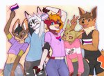 anthro black_hair blep blue_eyes cheek_tuft dipstick_ears ear_markings ear_piercing ear_ring facial_tuft fur gesture green_body green_fur group hair hand_gesture inner_ear_fluff lgbt_pride midriff multicolored_ears navel neck_tuft one_eye_closed open_mouth open_smile piercing pride_colors red_body red_fur ring_piercing smile tan_body tan_fur tongue tongue_out transgender_pride_colors tuft v_sign waving_flag white_body white_fur white_hair wink yshanii canid canine felid feline fox lynx mammal 2024 digital_drawing_(artwork) digital_media_(artwork) hi_res