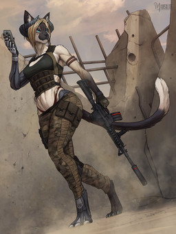 anthro assault_rifle clothing desert female gun holding_gun holding_object holding_ranged_weapon holding_weapon military_uniform pose ranged_weapon rifle ruins solo uniform weapon mansilite domestic_cat felid feline felis mammal siamese hi_res pinup