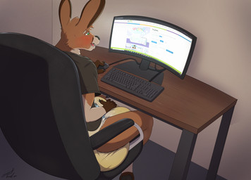 anthro big_diaper blush bodily_fluids chair computer desktop diaper diaper_masturbation diaper_squish electronics furniture genital_fluids looking_pleasured male office_chair rear_view sitting solo unclean_diaper urine used_diaper using_diaper wet_diaper wetting wetting_diaper steelshark abuniverse tinytails_(abuniverse) kangaroo macropod mammal marsupial absurd_res hi_res