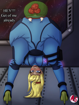 bent_over blonde_hair blue_eyes clothing diaper diaper_focus diapersuit duo fangs female footwear grabbing_diaper hair hands_on_legs high_heels metal not_furry open_mouth shoes space spacecraft star teeth text vehicle alyssasundale metroid nintendo samus_aran alien human mammal metroid_(species) 3:4 hi_res