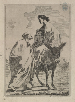 4_legs ambiguous_gender beard black_body bridle clothing cloud etching_(artwork) facial_hair female feral group hair male neonate outside plant religion robe tied_hair young young_human francisco_goya jesus_christ joseph_(christianity) virgin_mary human mammal 18th_century ancient_art hi_res