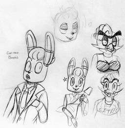 anthro bib bow_(feature) bow_tie buckteeth duo electric_guitar female guitar machine male musical_instrument playing_guitar playing_music plucked_string_instrument simple_background string_instrument teeth text white_background inkyfrog five_nights_at_freddy's scottgames bonnie_(fnaf) chica_(fnaf) animatronic avian bird chicken galliform lagomorph leporid mammal phasianid rabbit robot 2016 black_and_white english_text monochrome sketch sketch_page traditional_media_(artwork)