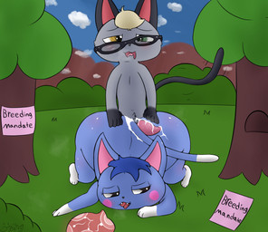 after_sex anthro big_butt blue_body blue_fur blush bodily_fluids butt cum cum_on_back cum_on_butt cum_on_penis duo erection eyewear female fur genital_fluids genitals glasses grey_body grey_fur head_down_ass_up hot_dogging impregnation looking_back looking_pleasured male male/female multiple_ova outside ovum penis plant sex tree trippybunny animal_crossing nintendo raymond_(animal_crossing) rosie_(animal_crossing) domestic_cat felid feline felis mammal 2025 digital_media_(artwork) hi_res