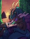 anthro bedtime_story blush book chair cuddling duo female front_view furniture horn on_lap reading sitting sunset three-quarter_view window fluxom bzez sek dinosaur kobold prehistoric_species reptile scalie 2018 digital_media_(artwork) portrait three-quarter_portrait