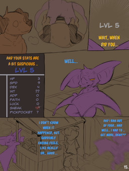 ambiguous_gender anthro belly belly_squish big_ears bodily_fluids cloak clothed clothing comic_panel dialogue duo gameplay_mechanics gui purple_body squish sweat sweatdrop text thought_bubble wings yellow_eyes conditional_dnp dacad tyler_(dacad) zipper_(dacad) bat canid canine mammal comic english_text hi_res restricted_palette