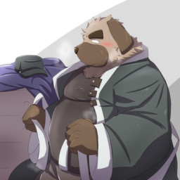 anthro belly blush bodily_fluids brown_body brown_fur clothing fur hat headgear headwear humanoid_hands kemono male overweight overweight_anthro overweight_male shirt solo sweat topwear emufu canid canine canis domestic_dog mammal 1:1 2015 hi_res