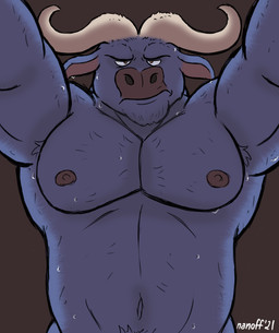 anthro armpit_hair biceps bodily_fluids body_hair first_person_view grumpy horn low-angle_view male muscular muscular_male nipples nude pecs solo sweat nanoff disney zootopia chief_bogo bovid bovine cape_buffalo mammal