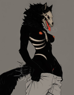 anthro black_body black_fur bodily_fluids bone bottomwear bottomwear_down breasts clothed clothing female fur genitals pants pants_down partially_clothed red_eyes skull solo topless undressing undressing_self vulva lexokami skulldog_(species) hi_res